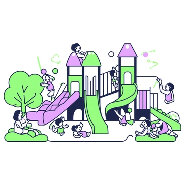 A children's playground is filled with various play structures. In the center, there are multiple bean-shaped slides in vibrant designs, leading down to a soft surface below. Surrounding the slides, several swings are hanging from sturdy frames, designed for children to enjoy. Nearby, there are colorful climbing structures shaped like animals, and a sandbox filled with toys. A few children can be seen playing and laughing, adding to the lively atmosphere of the playground. Trees provide some shade around the area, creating a comfortable space for families.