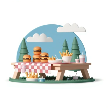 A picnic table is set outdoors under a bright blue sky with a few fluffy white clouds. The table is covered with a red and white checkered tablecloth. On the table, there are several cheeseburgers stacked high, their melted cheese glistening. Next to them, a large bowl filled with golden, crispy fries is placed, some spilling over the edge. Various drinks in colorful cups are scattered around, each with a straw. Green grass surrounds the picnic area, and a few trees can be seen in the background, their leaves gently swaying in the breeze.