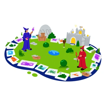 A colorful board game set on a detailed, fantastical game board filled with vibrant illustrations of magical landscapes. The game features two wizards, one wearing a blue robe and the other clad in a red robe, each standing at opposite sides of the board, holding intricately designed wands. Surrounding them are multiple spell cards, each displaying unique spells with images of fireballs, lightning, and mystical creatures. The board itself is adorned with various game pieces like miniature castles, enchanted forests, and glowing orbs, all contributing to a sense of magical adventure.