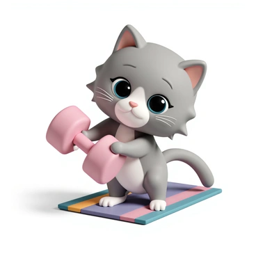 A cartoon cat, with big expressive eyes, fluffy grey fur, and white paws, is trying to lift a tiny dumbbell. The cat's ears are perked up, and its brow is furrowed in concentration. The dumbbell, which is bright pink, is resting on a colorful exercise mat. The cat has its front paws wrapped around the dumbbell, and its back legs are firmly planted on the mat. The background is filled with bright, cheerful colors, emphasizing the cat's determination.