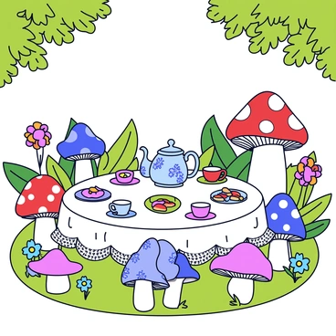 A whimsical tea party is arranged on top of large, colorful mushrooms in a lush forest. The table is covered with a delicate white lace tablecloth, featuring a variety of mismatched teacups and saucers in pastel colors. A teapot with floral designs sits at the center, surrounded by small plates of assorted pastries and sandwiches. The mushrooms vary in size and color, some with bright red caps and white spots, while others are tall and pointy. Green ferns and vibrant flowers frame the scene, adding to the playful atmosphere. Sunlight filters through the tree canopy, casting dappled shadows on the mushroom tops.