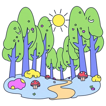 A whimsical forest filled with tall trees that have leaves shaped like noses. The trees are various shades of green, and their trunks are slender and slightly twisted. The ground is covered in soft, colorful moss and small, round mushrooms in bright hues of red and yellow. Sunlight filters through the canopy, creating dappled light spots on the forest floor. Some of the trees are intertwined with vines that have delicate flowers blooming in unexpected colors. A small, winding path leads deeper into the forest, inviting exploration.