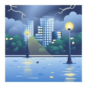 The scene depicts a stormy skyline with dark, ominous clouds swirling above. Skyscrapers with glass facades rise in the background, their reflections mirrored in the floodwaters that cover the city street. The water shows ripples and small waves, disturbed by the wind. Streetlights with a soft glow are partially submerged, casting a warm light onto the wet surface. Puddles and debris float in the floodwaters, while distant lightning streaks illuminate the scene, accentuating the dramatic atmosphere.