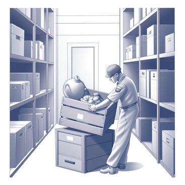 A porter is positioned in a museum's storage area, focusing intently on moving a large crate filled with various artifacts. The crate is wooden, with visible metal reinforcements and labels indicating its contents. Surrounding the porter are shelves filled with more boxes, each containing different historical items. The storage area features concrete walls and overhead lighting illuminating the space. The porter is dressed in a uniform, showcasing a name badge and sturdy shoes, while carefully adjusting his grip on the crate to maintain balance as he navigates through the narrow aisle.