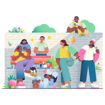 A large community mural covers a brick wall. On the mural, diverse individuals of various ethnicities and ages are depicted working together. A woman with curly hair and glasses is planting flowers next to a man with short hair and a blue shirt who is painting a bench. Children are laughing and playing nearby, one child holding a paintbrush, while another is adding bright colors to a section of the mural. A tall man with a yellow vest is helping a younger girl reach a high spot on the wall. In the background, trees and colorful flowers are visible, adding to the vibrant atmosphere of collaboration and joy.