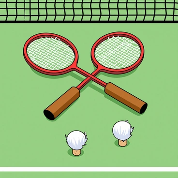 Two badminton rackets are crossed in an X shape, their wooden handles visible and the strings glistening. Next to each racket, there are three shuttlecocks resting on the green court. The shuttlecocks have white feathers and a cork base, standing upright on the smooth surface. The court around them is marked with white lines, and the net is slightly blurred in the background, enhancing the focus on the rackets and shuttlecocks. The scene captures a vibrant atmosphere of a badminton game ready to begin.