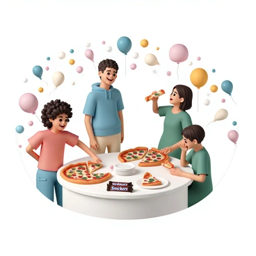 A fun pizza party scene with a Snickers bar as an unexpected dessert.