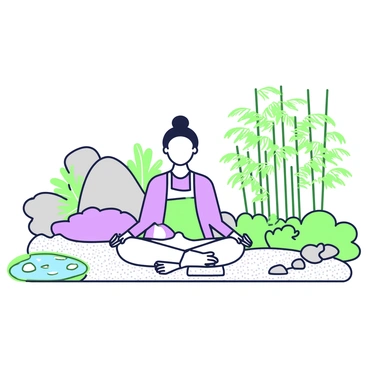 A person is sitting cross-legged on a smooth stone pathway in a zen garden. They are wearing loose, comfortable clothing. Surrounding them are carefully raked patterns in white gravel. To their left, there is a small pond with stones arranged around it, reflecting the light. On the right, a cluster of green bamboo plants stands tall, providing a natural boundary. In the background, there are large stones artfully placed, and a few vibrant green ferns add texture to the scene. The overall atmosphere is tranquil, with the person deeply focused on their meditation.