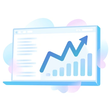 A digital screen displays a dynamic graph showcasing financial growth. The graph features a bold, rising line that indicates an upward trend over time. The background of the screen is filled with soft gradient pastel colors that enhance the visual appeal. To the side of the graph, there are bar charts in various heights representing different financial metrics, with some bars showing significant growth. Informational text appears in clear, readable font alongside the graph, indicating percentages and financial milestones.