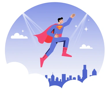A superhero dressed in a bright blue and red costume is launching into the sky. Their cape billows dramatically behind them as they ascend. Surrounding the superhero, fluffy white clouds are pushed aside, creating a ripple effect in the atmosphere. The sky above is a vibrant blue, with hints of sunlight shining through the gaps in the clouds, illuminating the scene. Below, a cityscape is visible, with tall buildings that appear small from the superhero's height.