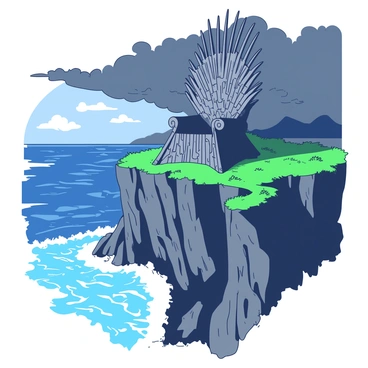 A large, intricately designed "Iron Throne" is perched on the edge of a dramatic cliff. The throne, made of jagged iron swords, glistens in the sunlight. Below, the ocean crashes against the rocks, creating a frothy white spray. The cliff is rugged and steep, with patches of green grass peeking through the gray stone. In the background, dark storm clouds gather ominously in the sky, contrasting with the bright blue of the ocean waves. The scene conveys a sense of power and isolation.