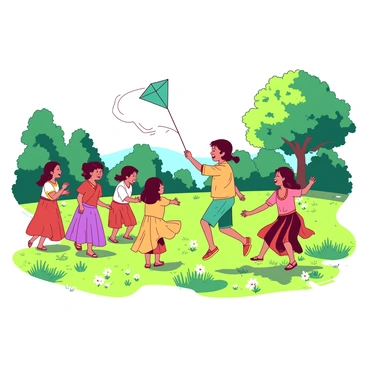 A group of children is playing games in a sunlit field. The children are wearing vibrant traditional Indian attire, with some in colorful lehengas and others in ornate kurtas. Each child is engaged in a different game, with one child flying a bright kites, while another group plays tag, laughing joyfully. The field is filled with green grass and scattered wildflowers, with sunlight filtering through the trees surrounding the area. The atmosphere is lively as the children interact, their clothes fluttering in the gentle breeze.