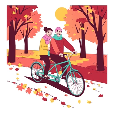 Two friends are joyfully riding a tandem bicycle down a path in a park. The bicycle is painted in a bright teal color. The friends, a man and a woman, are both wearing warm clothing suitable for the autumn weather. The man has a light blue scarf wrapped around his neck while the woman sports a pink hat. Surrounding them are numerous trees with vibrant orange and red leaves, some of which are gently falling to the ground. The path is covered in a thick layer of mixed orange and red leaves, creating a beautiful autumn scene. The sun is shining through the branches, casting playful shadows on the ground.