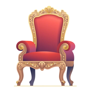 An ornate antique throne chair is positioned centrally in the image. The chair features intricate carvings along its wooden frame, showcasing floral patterns and mythical creatures. The upholstery is made of rich, deep red velvet, adding a touch of luxury. The armrests are gracefully curved, and the legs of the chair are elegantly tapered. The high backrest of the throne is adorned with gold detailing, further emphasizing its grand design. Soft lighting highlights the texture of the velvet and the details of the carvings, creating a sense of depth and richness in the scene.