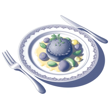 A dinner plate elegantly arranged with a gourmet dish. The plate features intricate designs around the edges. The dish is composed of a perfectly seared piece of meat, garnished with a sprig of fresh herbs. Accompanying the meat are vibrant vegetables, artfully placed around the centerpiece, showcasing a variety of shapes and textures. Sauce is delicately drizzled over the meat, adding a glossy finish. A fork and knife are neatly positioned beside the plate, indicating a formal dining setting. Soft shadows cast over the surface highlight the details of the food arrangement.