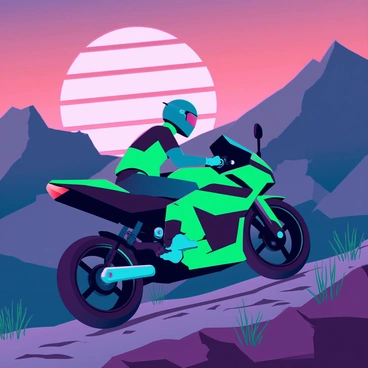 A green Kawasaki motorcycle with sleek design features is riding along a rugged mountain trail. The bike has distinctive sporty curves and a glossy finish. The rider is fully equipped with a helmet and protective gear, leaning slightly forward as they navigate the trail. The mountain landscape is rocky, with steep cliffs and patches of grass. In the background, a stunning sunset casts vibrant oranges, pinks, and purples across the sky, creating a dramatic contrast against the dark silhouettes of the mountains. The scene captures the thrill of adventure in a breathtaking natural setting.