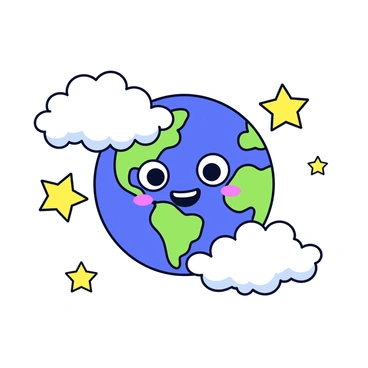 A cartoon Earth with a big smile and bright blue and green colors. The Earth is centered in the image, with large, expressive eyes and a wide, cheerful grin. Surrounding the Earth are happy clouds with soft, rounded shapes, each with a subtle white gradient. Scattered around are several stars with five points, glowing with a light yellow hue. The background is a simple, solid color, emphasizing the joyful elements in the scene.