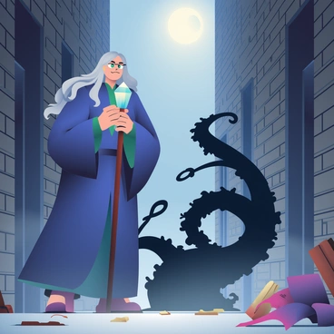 A sorcerer with long, flowing silver hair and a deep blue robe stands in a dark, abandoned alley. The alley is lined with crumbling brick walls, and an eerie mist hangs in the air. The sorcerer has an intense look, with piercing green eyes focused ahead. In one hand, he holds a glowing staff topped with a crystal that emits a soft light, illuminating the surrounding shadows. 

Before him, a swirling mass of dark energy takes shape, representing the terrifying curse. The curse appears as a shadowy, twisting figure with tendrils extending outward, reaching towards the sorcerer. Scattered debris, such as broken bottles and pieces of wood, are strewn across the ground, adding to the sense of desolation. The faint outline of a moon is visible above, casting a dim light into the alley.
