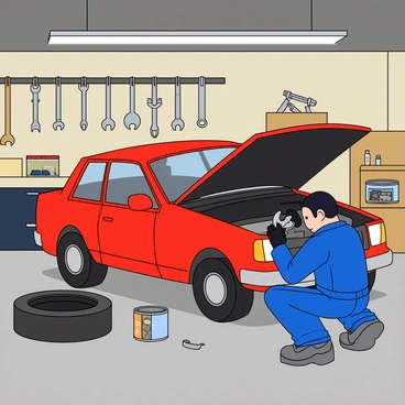 A mechanic with medium skin and short black hair, wearing a blue jumpsuit and black gloves, is crouched next to a red car with its hood open. The car's engine is partially exposed, and the mechanic is using a wrench to tighten a bolt. The garage is filled with various tools hanging on the walls, including wrenches and screwdrivers, and there are cans of oil scattered on a workbench nearby. An old tire lies on the floor next to a small stack of boxes filled with spare parts. Bright overhead lights illuminate the scene, casting shadows across the cluttered space.