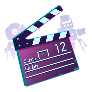 A vintage clapperboard made of wood, with a worn, slightly chipped surface, displaying chalk writing that reads "Scene 12" on one side. The clapperboard features traditional black and white stripes on the top, which is slightly angled upward as if ready to be snapped. Soft lighting highlights the texture of the wood, emphasizing its age and character. In the background, there are hints of film equipment, like a camera and softboxes, suggesting a film set atmosphere.