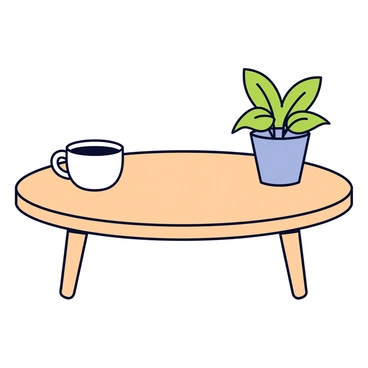 A minimalist coffee table setup featuring a single coffee cup and a small potted plant.