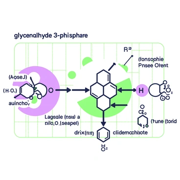 A detailed diagram illustrating the conversion of "glyceraldehyde 3-phosphate" in the glycolytic pathway. The central focus is on a molecular structure representing glyceraldehyde 3-phosphate, depicted with clear labels. Surrounding this structure are arrows indicating a series of enzymatic reactions leading to the formation of "1,3-bisphosphoglycerate." Each arrow includes small icons representing enzymes involved in the reaction process. Additionally, the diagram features molecular structures of reactants and products, with clear labeling for each compound and their chemical bonds. The background consists of a grid layout to emphasize the scientific nature of the diagram.