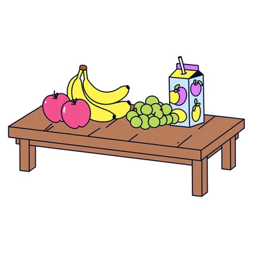 A rustic kitchen table with fresh fruits and a juice box made from them, ready to serve.