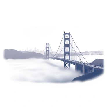A view of the Golden Gate Bridge extending across the scene. The bridge is partially hidden by dense morning fog, which envelops its lower sections, creating a sense of mystery. The towers of the bridge rise above the fog, their outlines visible against the grayish atmosphere. The surrounding landscape includes hints of the city skyline in the background, shrouded in mist, adding depth to the composition. The scene conveys a sense of early morning tranquility and the bridge's iconic shape is emphasized against the obscured backdrop.