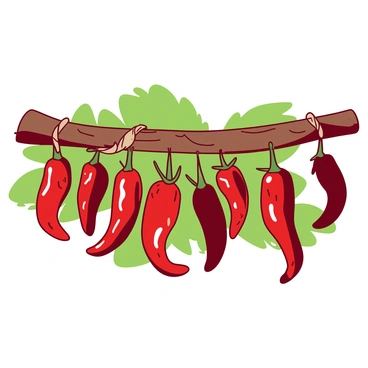 A garland made of hanging red chili peppers is draped elegantly across a wooden beam. Each chili pepper is glossy and plump, showcasing its rich red hue. The peppers are tied together with natural twine, adding a rustic charm to the display. The background features soft, blurred greenery, enhancing the vibrant appearance of the chili peppers. The overall composition draws the viewer's eye towards the striking colors and textures of the peppers.