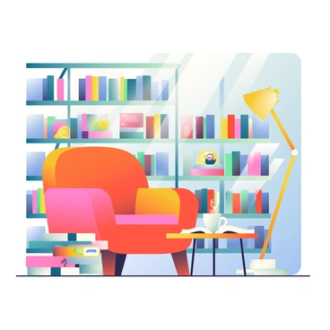 A small library or reading nook is situated within an agency, surrounded by modern decor. There are shelves filled with colorful design books, showcasing various styles and themes. A plush, vibrant orange armchair is placed in the corner, inviting readers to sit and enjoy the space. A round wooden coffee table is in front of the chair, cluttered with some open books and a steaming cup of coffee. A floor lamp with a warm yellow light stands beside the chair, illuminating the cozy area. Large windows allow natural light to stream in, highlighting the vibrant colors of the books and the overall inviting atmosphere.