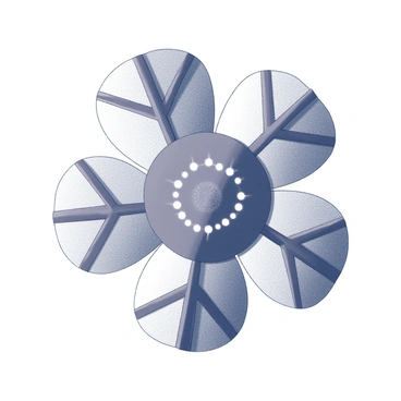 A flower composed of various geometric shapes and patterns. The petals are arranged symmetrically around a central point, each petal formed by different repeating shapes. The center of the flower features a collection of smaller shapes radiating outward, creating a dynamic focal point. The overall composition has a sense of balance and harmony, with the shapes interacting to form an eye-catching floral design.