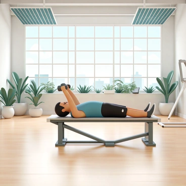An eco-friendly gym featuring large windows allowing natural light to flood the space. The walls are adorned with various green plants, creating a vibrant atmosphere. Solar panels are visible on the roof, highlighting the gym's commitment to sustainability. In the center of the gym, a person, wearing a blue tank top and black gym shorts, is lying on a gray bench, performing a dumbbell chest press. The person has a focused expression, with dumbbells raised above their chest. The floor is a polished wood, and various gym equipment is neatly arranged in the background.