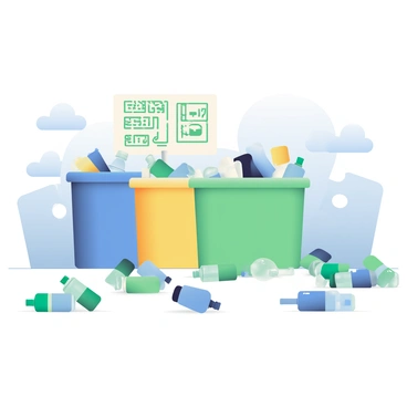 A recycling center is depicted with several bins in varying colors, including blue, green, and yellow. Each bin is clearly labeled for different types of recyclables. Scattered around the area are numerous plastic bottles in assorted colors, including clear, green, and blue. The bottles are arranged haphazardly on the ground, with some still partially filled with liquid. In the background, there are signs indicating the types of materials that can be recycled, creating a busy yet organized atmosphere. The sky above is a light blue, indicating a clear day.