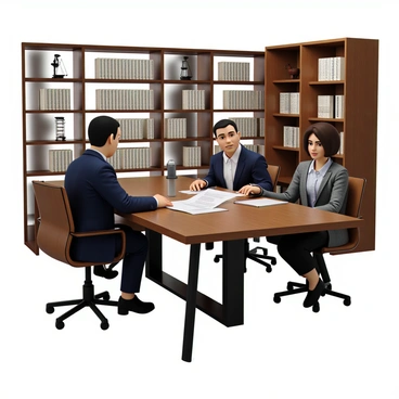 Two lawyers, one with short black hair and wearing a navy blue suit, are seated at a polished wooden conference table. The other lawyer, a woman with shoulder-length brown hair, is dressed in a gray blazer and has a notepad in front of her. They are both looking intently at a large contract spread out between them. The law office is filled with tall bookshelves packed with legal books, and there are decorative scales of justice placed on a nearby shelf. Soft lighting illuminates the room, creating a professional atmosphere.