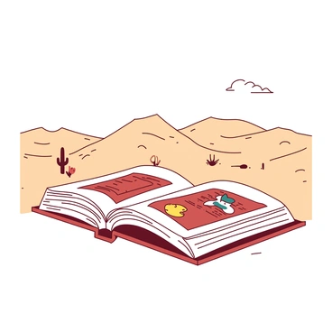 A duotone illustration of a desert landscape where the sand dunes are shaped like large open book pages. The pages are softly curved, creating natural ripples that mimic the form of traditional dunes. Each page is printed with colorful illustrations, adding texture and character to the landscape. In the background, a clear sky provides a contrast to the earthy tones of the book pages. A few scattered cacti are visible, standing tall among the pages, enhancing the unique setting.