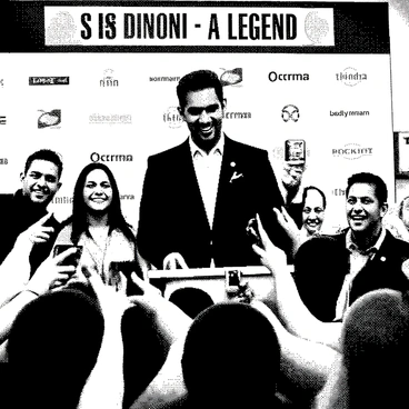 MS Dhoni is standing at a podium during an event, smiling as he engages with a crowd of enthusiastic fans. He is wearing a formal outfit, possibly a suit, while holding a microphone in one hand. Surrounding him are several fans reaching out with smartphones to take pictures. In the background, a banner with the text "MS Dhoni - A Legend" is displayed prominently. Various sponsors' logos are visible on the backdrop, adding to the lively atmosphere of the event. The expressions of the fans reflect excitement and admiration as they interact with him.