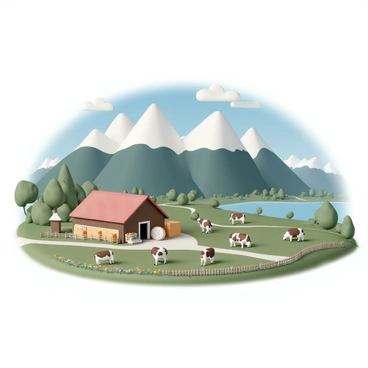 A picturesque cheese farm located in the Swiss Alps, surrounded by majestic snow-capped mountains under a clear blue sky. The farm features a rustic wooden barn with a red roof, and several traditional cheese wheels displayed outside. Grazing cows, with brown and white spots, peacefully roam in the lush green pastures, occasionally lifting their heads to glance around. Wildflowers bloom in vibrant colors throughout the fields, while a wooden fence runs along the perimeter, adding charm to the serene landscape. In the distance, a small winding path leads to the edge of a tranquil lake reflecting the stunning scenery.