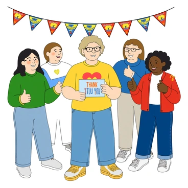 A volunteer with light skin and short curly hair is standing in the center, holding a colorful thank-you card in her hands. She is wearing a bright yellow t-shirt with a heart design on it and denim jeans. Surrounding her are three smiling community members of various ethnic backgrounds; one has long black hair and glasses, wearing a green shirt, another has medium length brown hair in a ponytail, dressed in a blue sweater, and the third has short curly hair and is wearing a red jacket. They are all reaching out with wide smiles, some giving a thumbs-up. In the background, there are bright banners and decorations celebrating community service.