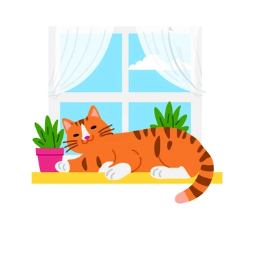Two cats with matching striped fur patterns are lounging comfortably on a sunny window ledge. The cats are positioned side by side, with their eyes gently closed, basking in the warm sunlight. The window behind them is adorned with sheer white curtains that flutter slightly in a gentle breeze. Potted plants are placed on the ledge, adding a touch of green to the scene. The sunlight casts soft shadows, highlighting the cats' relaxed expressions and the textures of their fur.