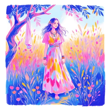 A person stands in an outdoor setting surrounded by tall grasses and wildflowers. They are wearing a flowing, patterned maxi dress with vibrant colors and layered necklaces. Their hair is adorned with braided elements and a few delicate flowers. On their wrist, there are several colorful bangles. In the background, a wooden tree branch draped with soft fabric adds to the bohemian vibe of the scene. The sunlight filters through the leaves, creating a warm glow around them.