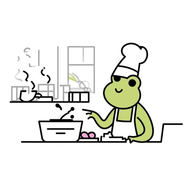 A green frog, wearing a tiny chef's hat and an apron, stands at a miniature kitchen counter in a small, elegant restaurant. The frog is carefully chopping vegetables on a small cutting board. Soft light highlights the delicate details of the frog's features and the polished wooden surface of the counter. In the background, there are neatly arranged tables with white tablecloths, and a small window reveals a view of a peaceful garden outside. On the stove, a small pot simmers gently, sending wisps of steam into the air.