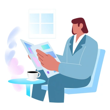 A prospective buyer is seated in a quiet corner, intently examining an auction catalog. The buyer has short hair and is wearing a tailored blazer. The catalog is open on their lap, displaying colorful images of various auction items. A small table beside the buyer holds a cup of coffee. Soft, gradient pastel colors fill the background, creating a calm atmosphere in the room. A nearby window allows gentle light to filter in, illuminating the pages of the catalog.