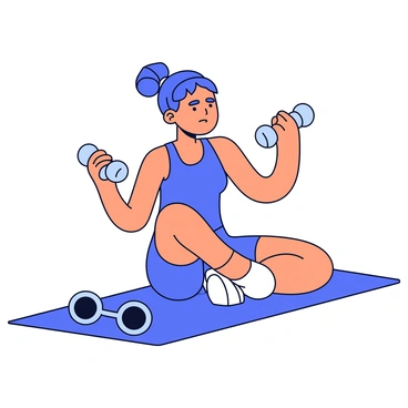 An athlete is engaged in diaphragm-strengthening exercises using weights. The athlete is in a focused stance, with a determined expression. They are lifting a pair of small dumbbells, one in each hand, while performing a seated breathing exercise. The athlete is wearing a fitted workout outfit, which includes a tank top and shorts. A yoga mat is placed underneath them, and there are weights positioned on the floor nearby. The setting is bright, emphasizing the athlete's effort and concentration.