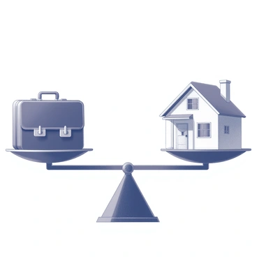 An illustration of a balanced scale. On one side, there is a briefcase representing work, sitting securely on the left pan. On the opposite side, there is a detailed model of a house symbolizing personal life, placed on the right pan. The scale stands stable in the center, showcasing the concept of balance between professional duties and home life. The background contains subtle elements that imply a sense of harmony, such as gentle curves or lines enhancing the visual equilibrium of the scene.