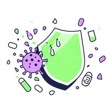 A large shield is in the center of the image, with visible cracks forming on its surface. The shield is being impacted by a vibrant, multi-faceted virus that appears to be breaking through. The virus is depicted with distinct spikes and an intricate structure. Surrounding the scene, small fragments of the shield are scattered, illustrating the force of the impact. In the background, there are subtle representations of antibiotics, such as pill shapes and small vials, alluding to the theme of antibiotic resistance.