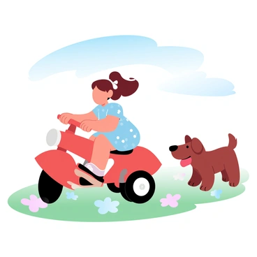 A little girl with pigtails is riding a bright red tricycle. She is wearing a colorful dress with patterns of flowers. The tricycle has a playful design, featuring a large front wheel and two smaller rear wheels. Beside her, a small brown dog with a wagging tail is happily running along, keeping pace with the tricycle. The background features a grassy field with soft pastel-colored flowers scattered throughout. A clear blue sky stretches overhead, adding to the cheerful atmosphere of the scene.