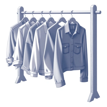 A rustic wooden rack filled with vintage denim blouses is prominently displayed. The blouses are variously styled, showcasing different cuts and designs. Each blouse has unique details such as buttons, pockets, and stitching patterns. The wooden rack has a weathered appearance, adding to the vintage charm. Natural light filters through, softly illuminating the fabrics and highlighting their textures.