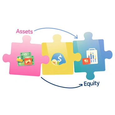 A colorful puzzle illustration is in the center of the image, with various pieces fitting together to represent different elements of the accounting equation. Each puzzle piece has distinct colors and labels. One piece is labeled "Assets" and features images of money and property. Another piece is labeled "Liabilities," showcasing icons of loans and debts. A third piece is labeled "Equity," displaying symbols of ownership and investment. The background is a light gradient that complements the vibrant colors of the puzzle pieces, creating a visually engaging composition.