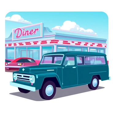 A vintage G-Wagon with a glossy finish in a deep green color parked in front of a retro diner. The G-Wagon has classic round headlights and chrome detailing that glints in the sunlight. The diner features a neon sign with the words "Diner" in glowing pink letters, casting a nostalgic aura. The building has a shiny metal exterior with large windows, framed by red and white checkered patterns. Classic cars from the 1950s are scattered in the parking lot around the diner, adding to the vintage atmosphere. A bright blue sky serves as the backdrop, with fluffy white clouds drifting by.