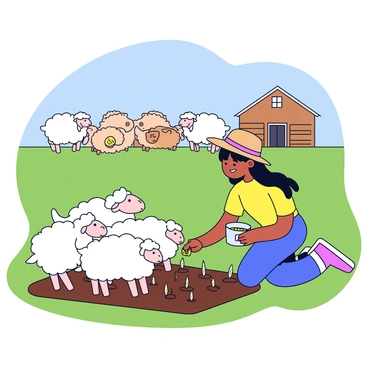 A young girl with long black hair, wearing a straw hat and a bright yellow shirt, is helping out on a farm. She is feeding a group of fluffy white sheep gathered around her feet. In her other hand, she is holding a small bucket filled with grains. Nearby, there are rows of freshly dug soil where she is planting small seeds, kneeling down with focused concentration. The farm is surrounded by green grass and a blue sky, with a wooden barn visible in the background.